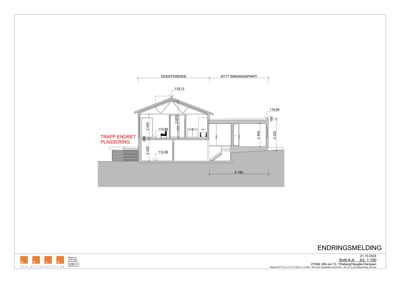 Snittegning som viser tverrsnittet av en bygning med mål og endringsnotater.