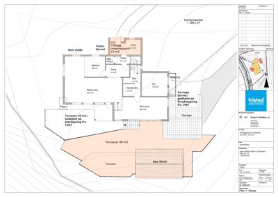 Etasjeplan (Plan 1. Etasje) som viser romfordeling, arealer og bygningsstruktur.