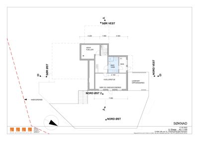 Etasjeplan for kjelleretasje (Kjellerstue, Bad/Vask, Bod) med romdimensjoner og orientering.