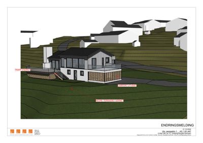 3D-visualisering av en bolig med omgivelser, inkludert terreng og nabohus.