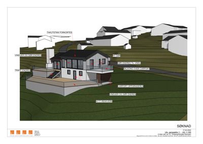 3D-visualisering av en bolig med merknader om endringer.