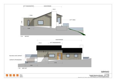 Fasadetegning som viser bygningens utseende fra sørvest og sørdøst, inkludert mål og endringer.