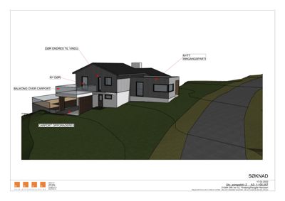 3D-visualisering av en bolig med merknader om endringer.