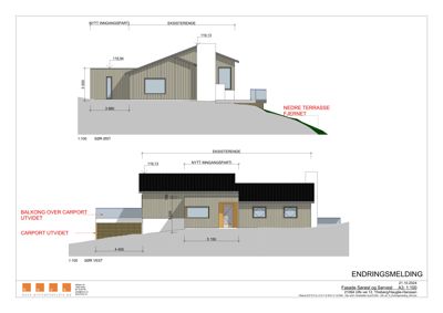 Fasadetegning som viser bygningens utseende fra øst og vest med endringsforslag.