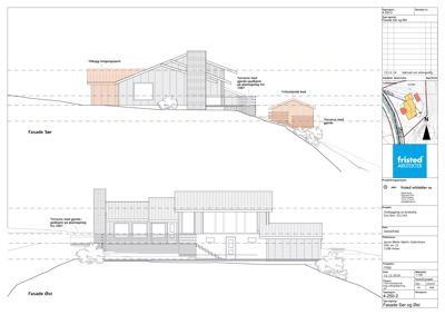 Fasadetegning som viser bygningens utseende sett fra sør og øst, inkludert terrasser og terrengforhold.