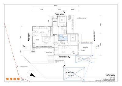 Etasjeplan (1. Etasje) som viser romfordeling, mål og orientering for en bolig.