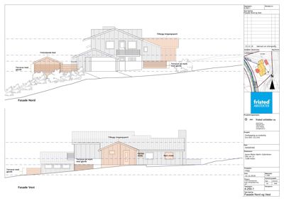 Fasadetegning som viser bygningens utseende sett fra nord og vest, inkludert terrasser og tilbygg.