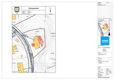 Situasjonskart som viser tomtens form, høydeforhold (konturlinjer), naboeiendommer og plassering av eksisterende og planlagt bygning.