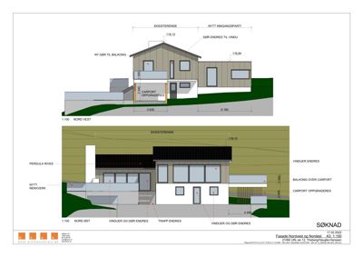 Fasadetegning som viser Nord Vest og Nord Øst sider av en bygning med endringsforslag.