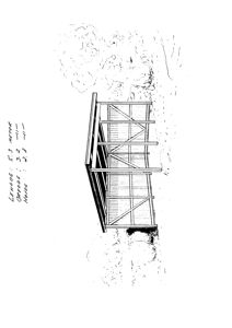 Fasadetegning av en liten bygning eller veranda sett fra siden, med håndskrevne mål på venstre side.