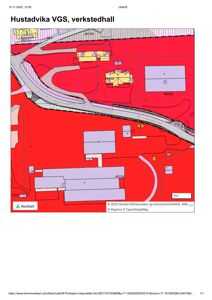 Situasjonsplan som viser tomtens beliggenhet, grenser (rød farge), veier (Øvre Haulkåvegen) og plassering av bygninger (verkstedhallen).