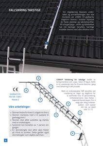 Fotografi av et tak med montert fallsikring (stige og innfesteskinne) sett fra siden.