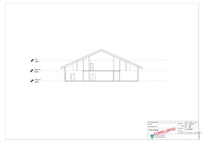 Snittegning som viser bygningens tverrsnitt, takform og etasjer.