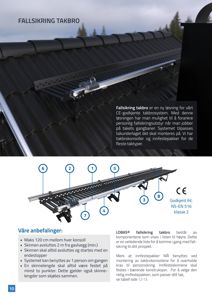 Fotografi av et tak med montert fallsikringssystem, inkludert en teknisk illustrasjon under.
