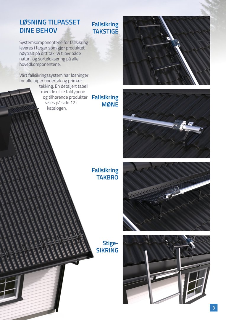 Fotografi av et tak med montert fallsikringssystem, inkludert takstige, mønebeskyttelse og stigesikring.