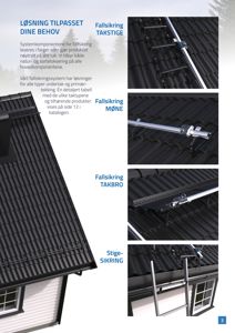 Fotografi av et tak med montert fallsikringssystem, inkludert takstige, mønebeskyttelse og stigesikring.