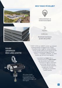 Markedsføringsmateriale som viser bilder av en fabrikk, aluminiumsprofiler og en teknisk komponent.