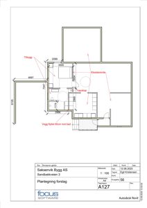 Etasjeplan eller plantegning som viser romfordeling, mål og endringer i en bygning.