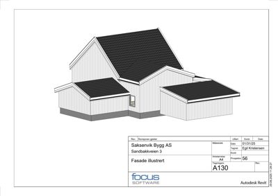 3D-visualisering av en bygning sett fra utsiden, med tegningsinformasjon i bunnen.