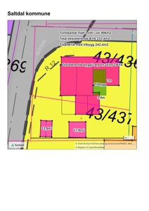 Situasjonsplan som viser tomtegrenser, eksisterende bygninger og planlagt tilbygg med arealopplysninger.