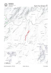 Et kart over et geografisk område (Breidablikk/Breidablikkvatnet) med en markert rute (1,14 km) og topografiske detaljer.