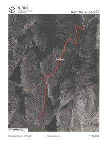 Satellittbilde (flyfoto) av et terreng med en markert rute (1,44 km) og koordinatsystemet UTM 33.
