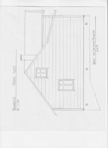 Fasadetegning av et hus sett fra vest (VÅNINGSHUS TØSRD VEST).