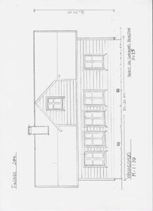 Fasadetegning av et hus sett fra sør, med oppgitt mål og tegner.