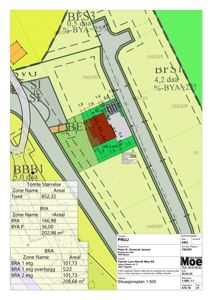 Situasjonsplan som viser tomtens plassering, arealoppdelinger (BYA, BRA), bygningers plassering og dimensjoner.
