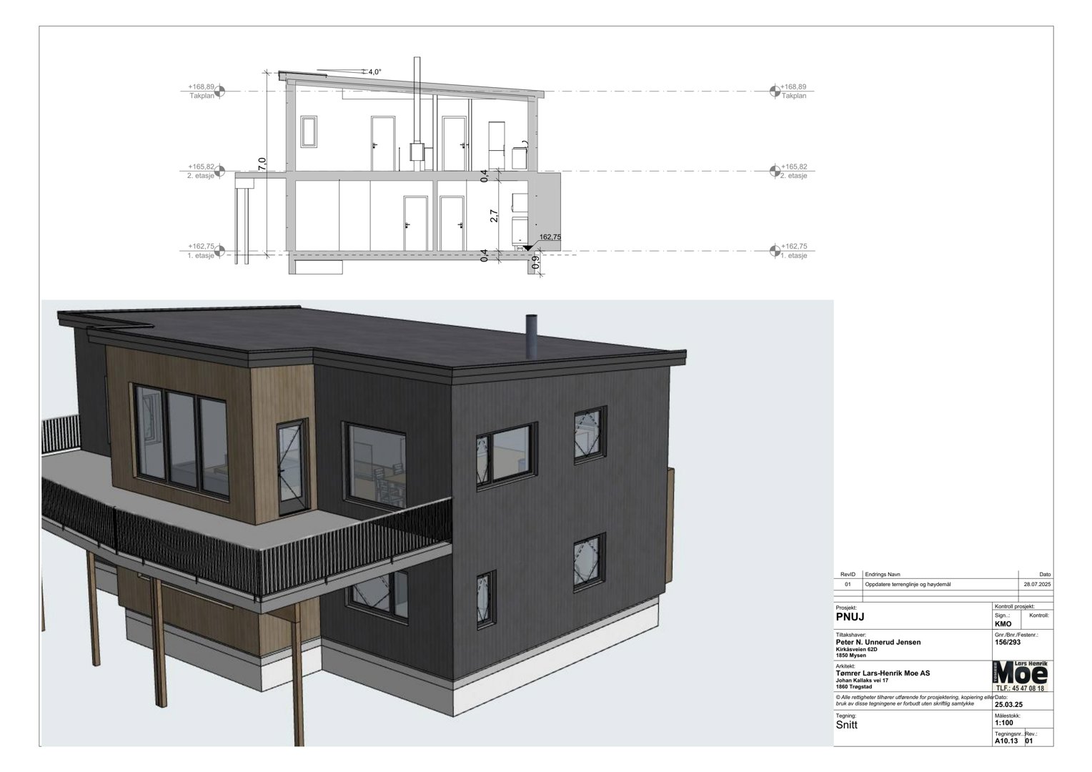 Bildet viser en 3D-visualisering (rendering) av en planlagt bygning sett fra en vinkel, kombinert med en snittegning øverst.