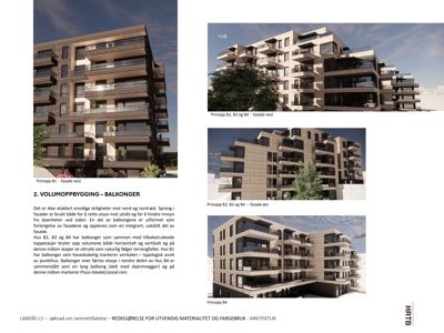 3D-visualiseringer av ulike fasadeprinsipper for en boligbygning.