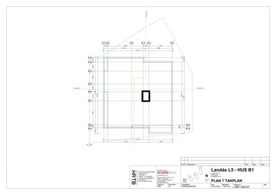 Etasjeplan (PLAN 7 TAKPLAN) som viser romfordeling og mål på et hus.