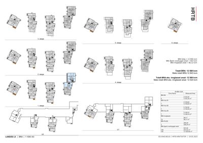 Bildet viser et sett med etasjeplaner (1. etasje til 6. etasje) for en bygning, inkludert romfordeling og arealoppsummering.