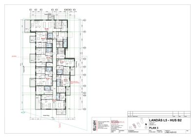 Etasjeplan (PLAN 3) som viser romfordeling, veggtykkelse og mål for en leilighet i et boligprosjekt.