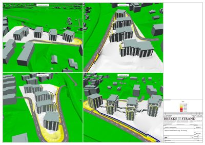 Bildet viser fire 3D-visualiseringer (renderinger) av et boligprosjekt med fasadeanalyse overlagt. Det er en grafisk fremstilling av bygningene i forhold til omgivelsene.
