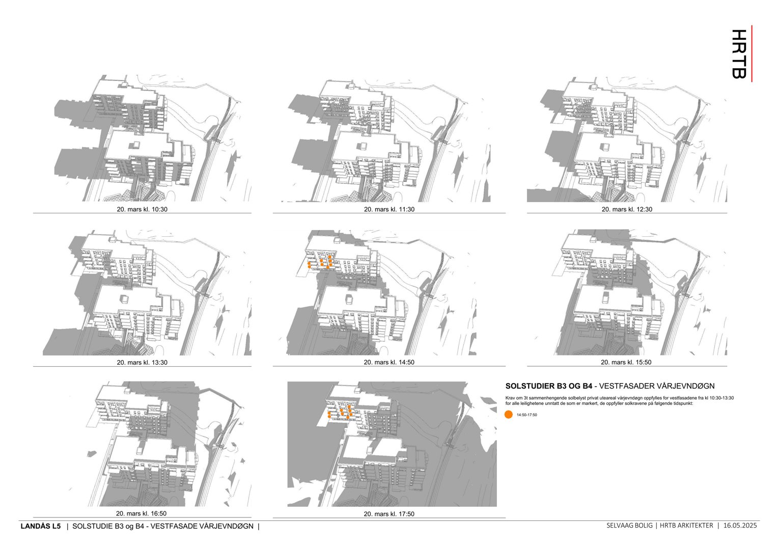 Bildet viser en serie med 3D-visualiseringer (renderinger) av en bygning sett fra utsiden, med varierende lysforhold for å illustrere solfasetter.