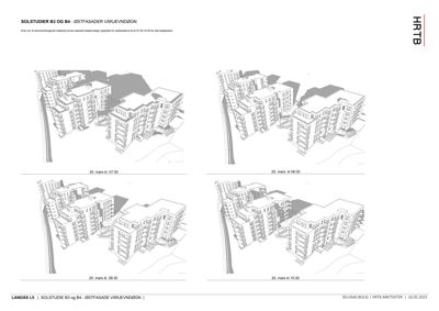 Bildet viser fire 3D-visualiseringer (renderinger) av et boligprosjekt, som viser hvordan bygningene vil se ut i forhold til solposisjonen på ulike tidspunkt.