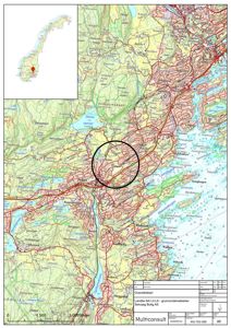 Et topografisk kart over Asker kommune med et sirkelmerket område og en innsett av Norge.