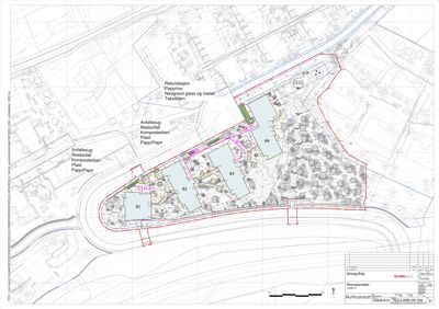 Situasjonsplan som viser tomtens form, bygningenes plassering (B1-B4), avfallsanlegg og omgivende infrastruktur.