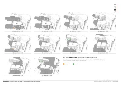 Bildet viser en serie 3D-visualiseringer (renderinger) av en bygning, sannsynligvis for solstudie, med tidsangivelser under hver illustrasjon.