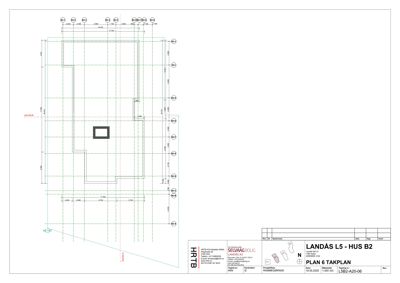 Etasjeplan (takplan) som viser romfordeling, veggposisjon og mål for huset LANDÅS L5 - HUS B2.