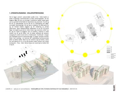 3D-visualisering av et planlagt boligfelt med flere bygninger og parkeringskjellerer.