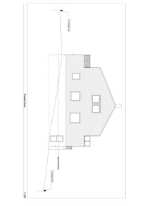 Fasadetegning (opprikk) av en bygning sett fra nord, med tegning av takform, vinduer og grunnlinje.