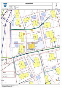 Situasjonskart som viser tomtens plassering i forhold til nabolag, veier og eiendommer.