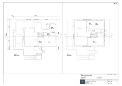Plantegning som viser romfordeling og arealer for første og andre etasje i en bolig.