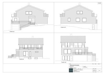 Fasadetegning som viser bygningens utseende fra alle fire sider (syd, nord, øst og vest).