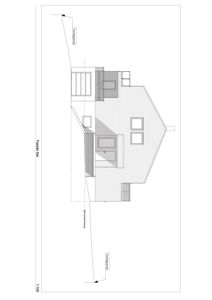 Fasadetegning (opprikk) av en bolig sett fra siden, med angivelse av terranger og takform.