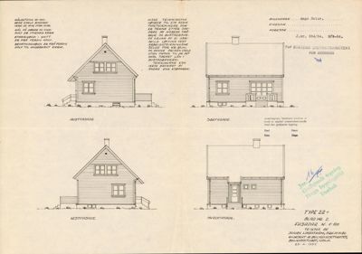 Fasadetegning som viser bygningens utsyn fra fire sider: Aust, Vest, Sør og Nord.