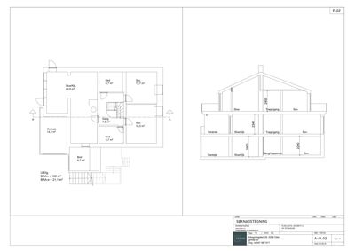 Bildet viser en kombinert tegning med etasjeplan (venstre side) og snittegning (høyre side) for en bolig.