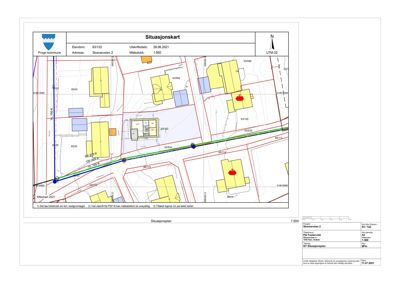 Situasjonskart som viser eiendommen Skjærsvågen 2 i forhold til nabolaget, med angitte eiendomsnummer, vegforhold og infrastruktur.